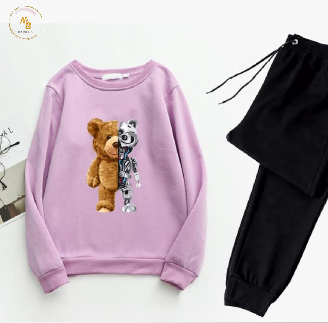 2 Pcs Fleece Printed Sweatshirt Tracksuit – Purple